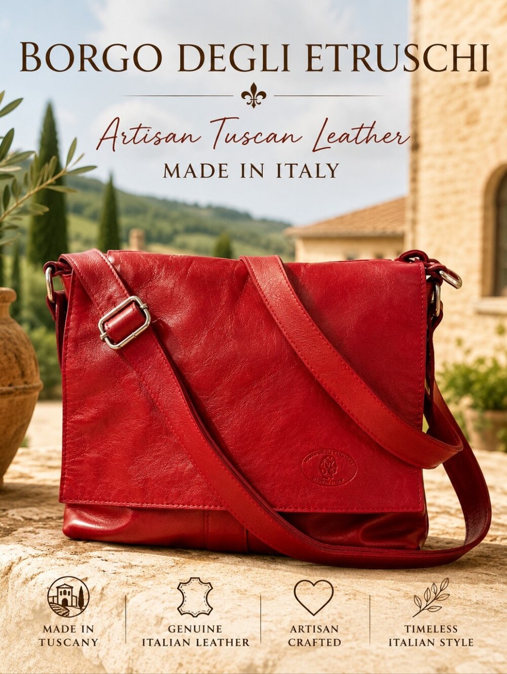 Borgo Degli Etruschi Artisan Tuscan Leather Crossbody Bag Made in Italy Red